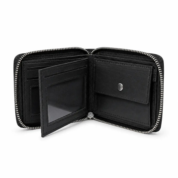 Black zippered wallet open on a white background
