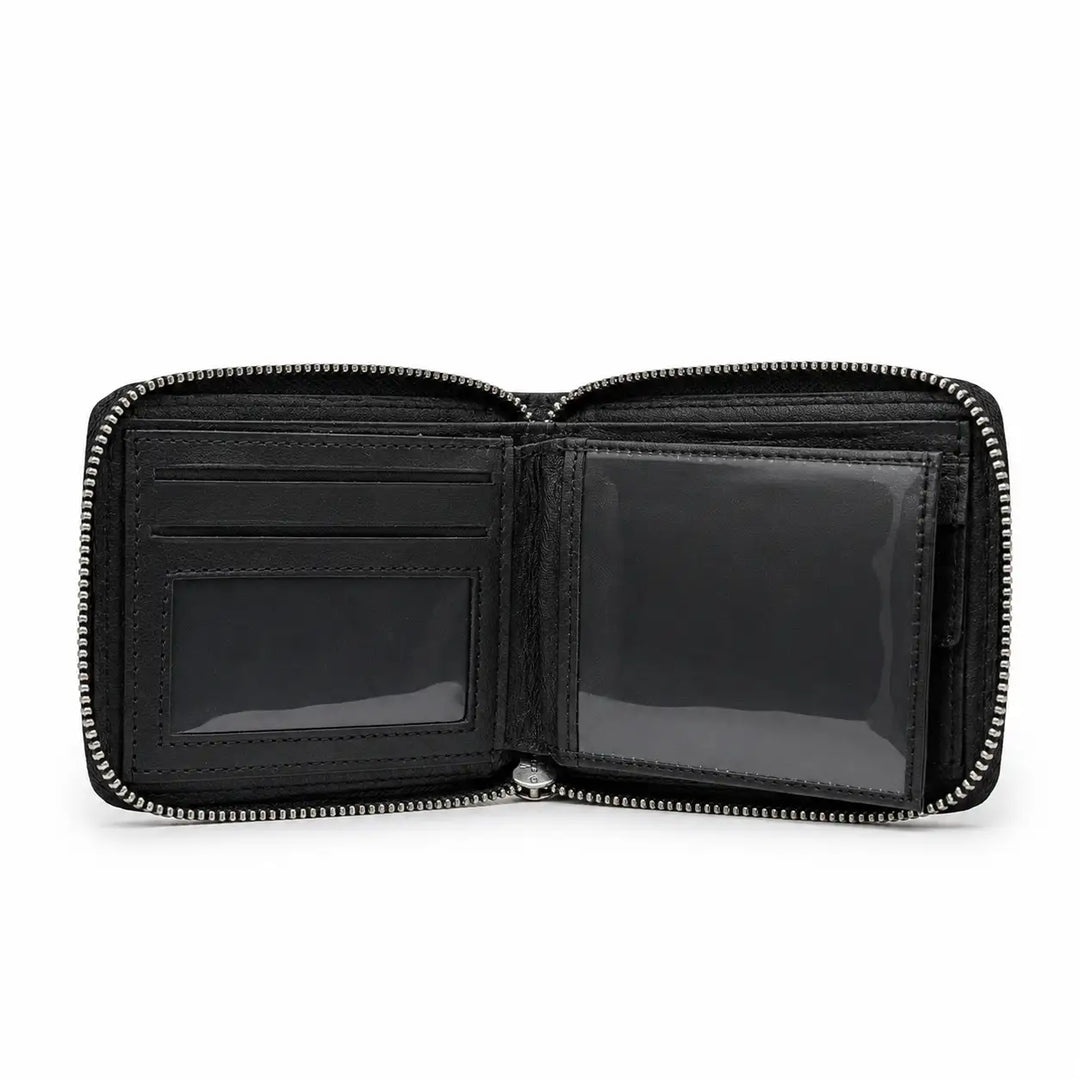 An open black zippered wallet with multiple card slots, a bifold interior, and two clear plastic ID windows, shown on a plain white background.