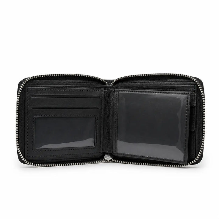 An open black zippered wallet with multiple card slots, a bifold interior, and two clear plastic ID windows, shown on a plain white background.