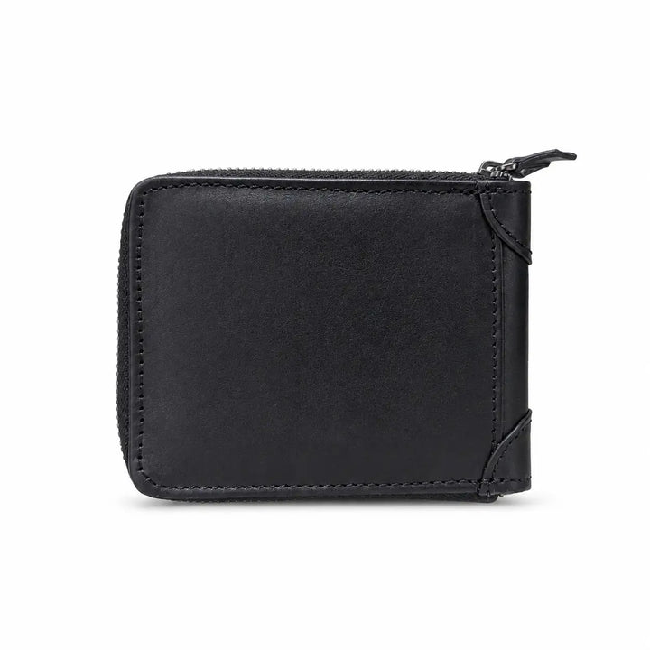 Black leather wallet with a zipper on a white background