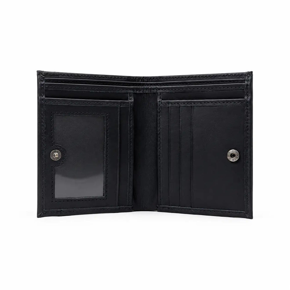 Black leather wallet open on a white background