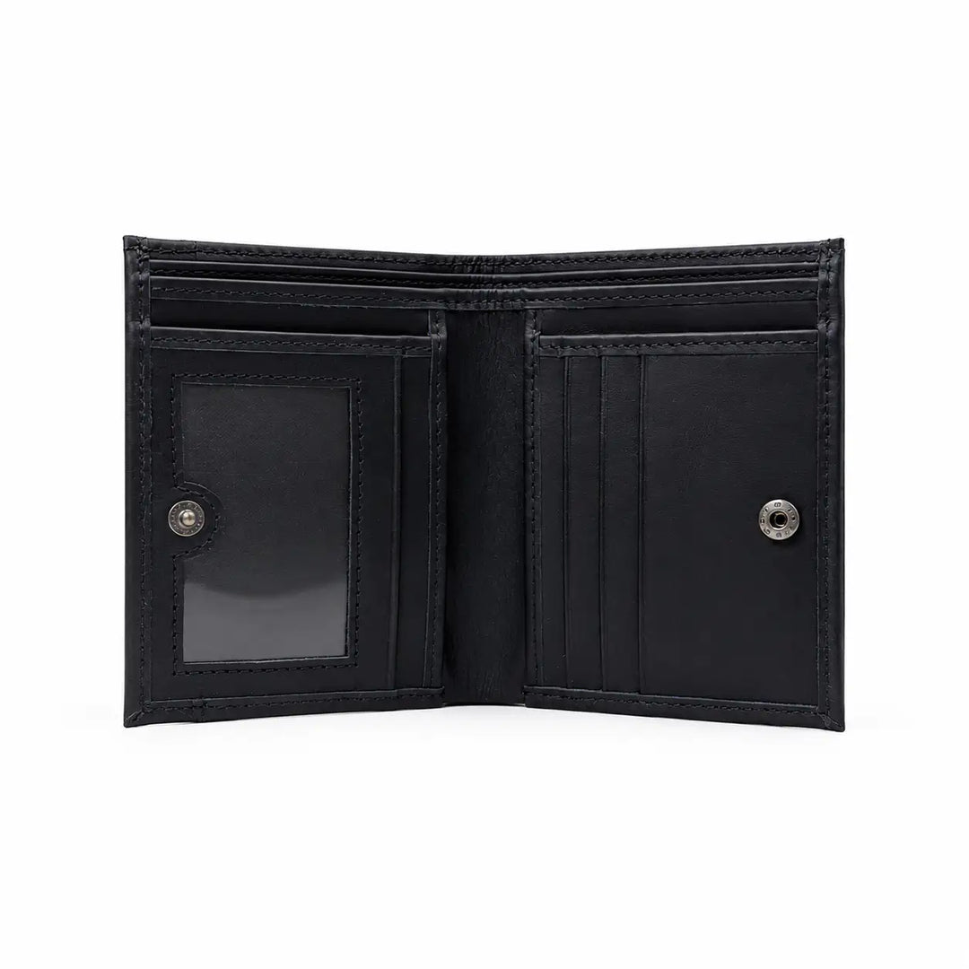 Black leather wallet open on a white background