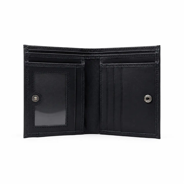 Black leather wallet open on a white background