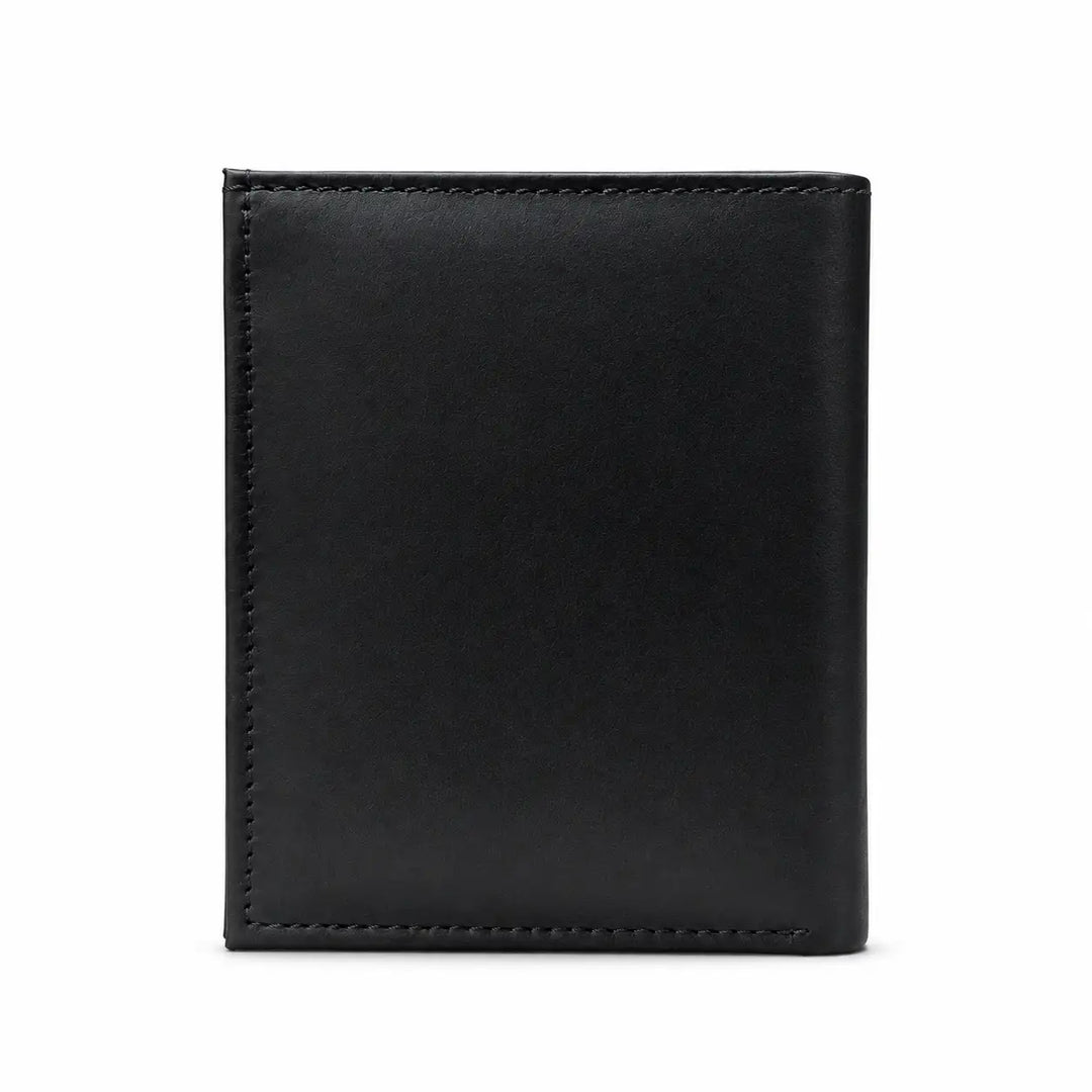 A black leather bifold wallet with visible stitching on a plain white background.
