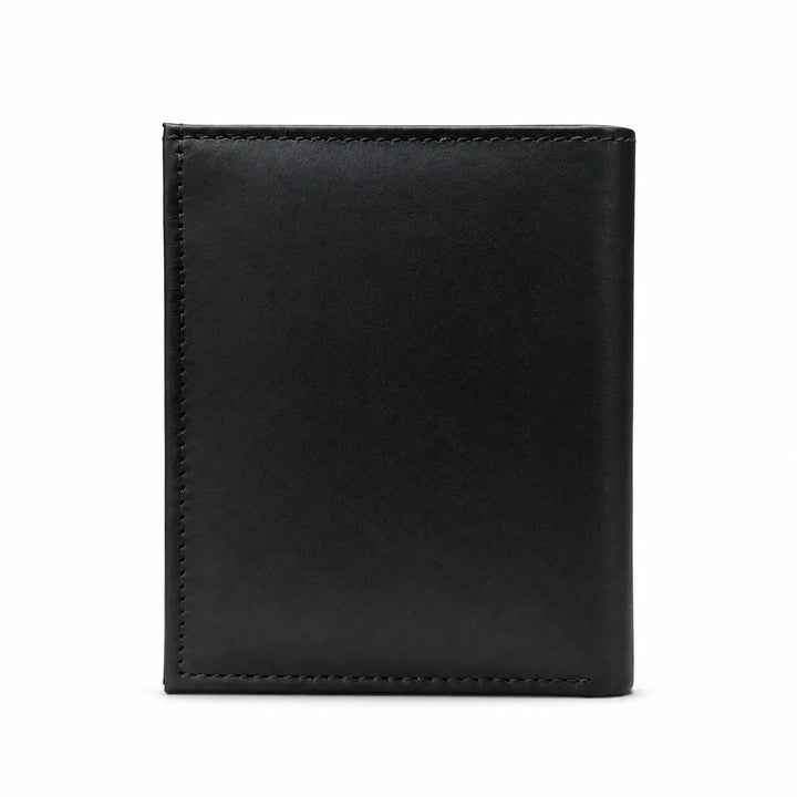 A black leather bifold wallet with visible stitching on a plain white background.