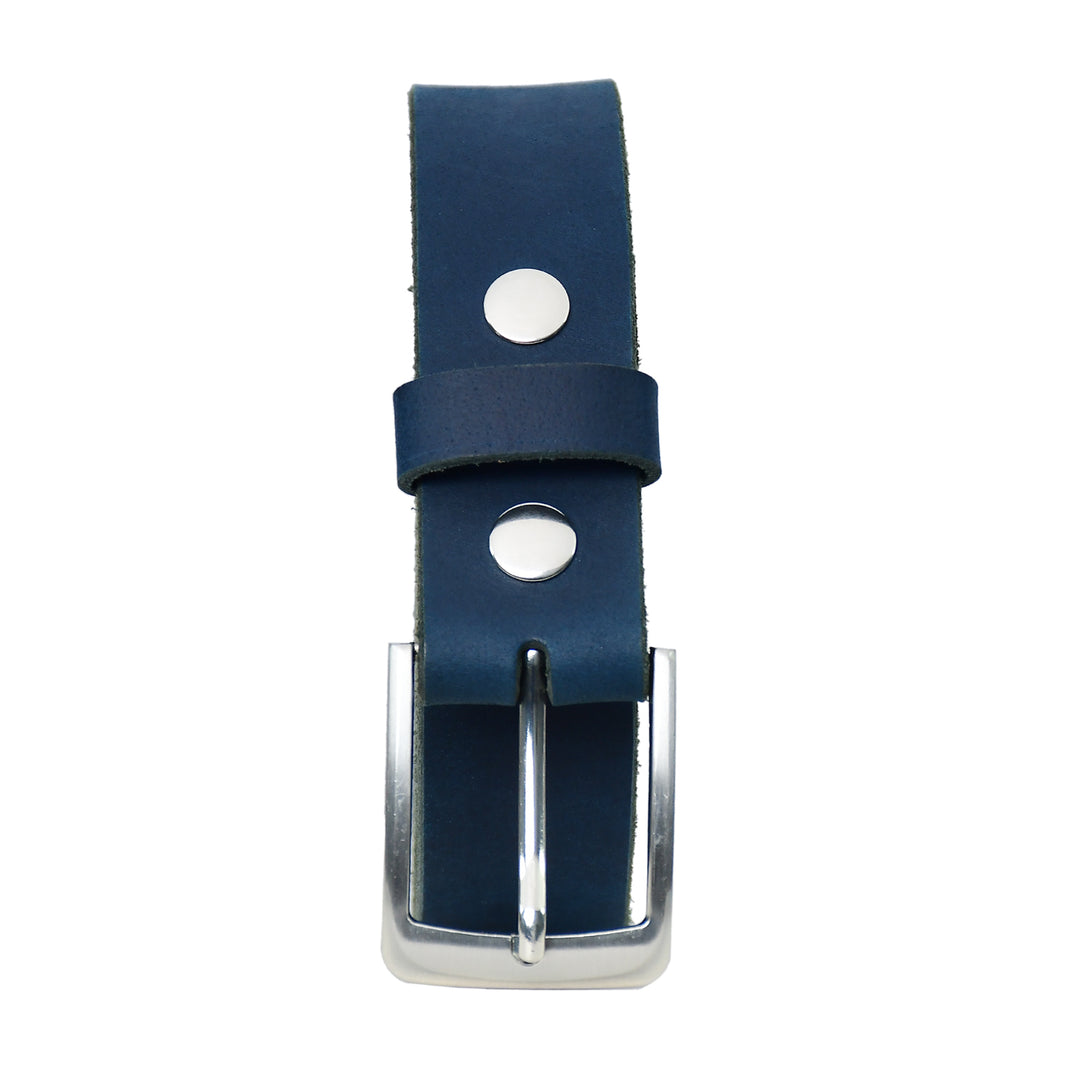 Navy blue leather belt with silver buckle on a white background
