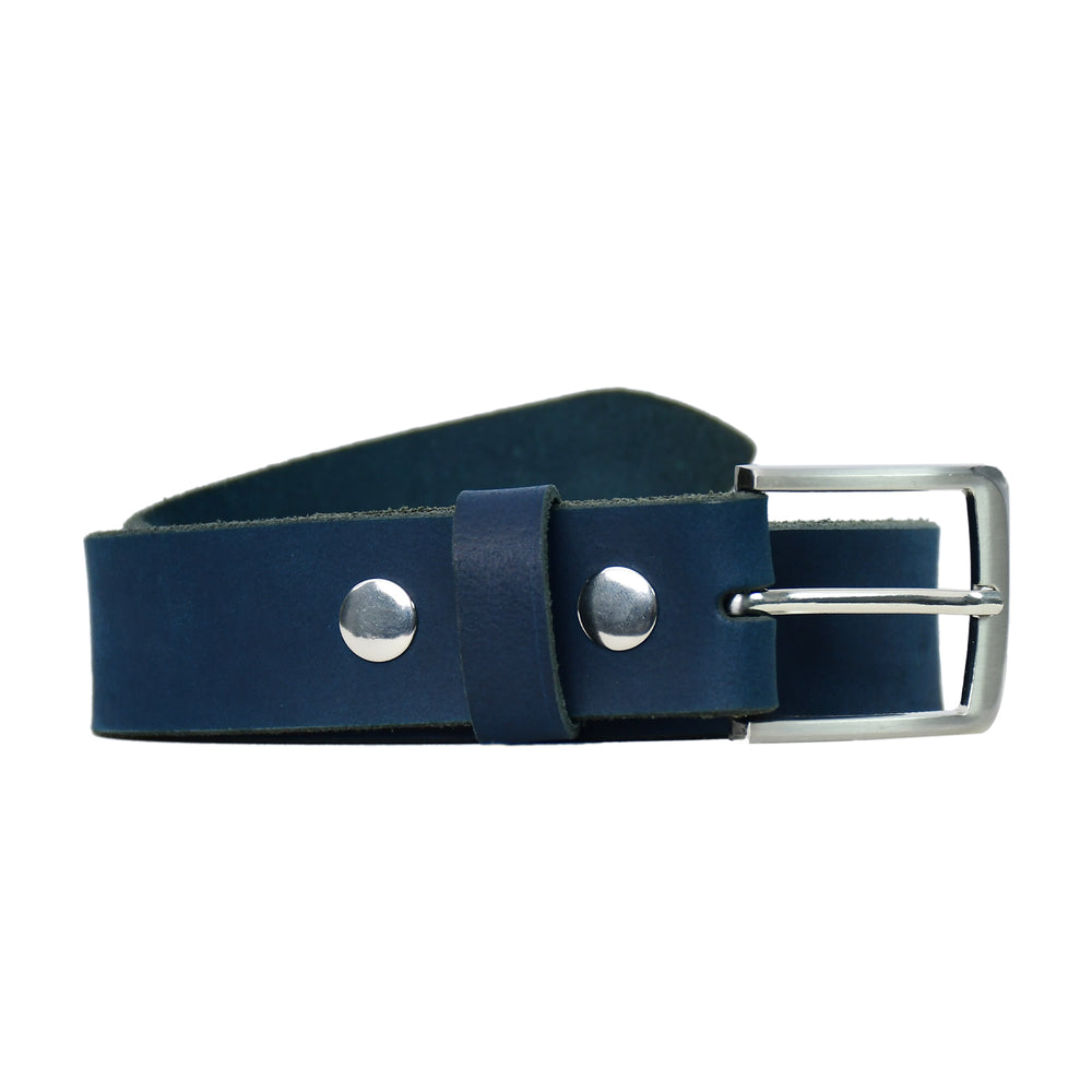 Navy blue leather belt with silver buckle on a white background
