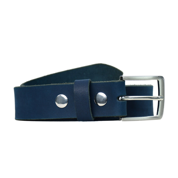 Navy blue leather belt with silver buckle on a white background