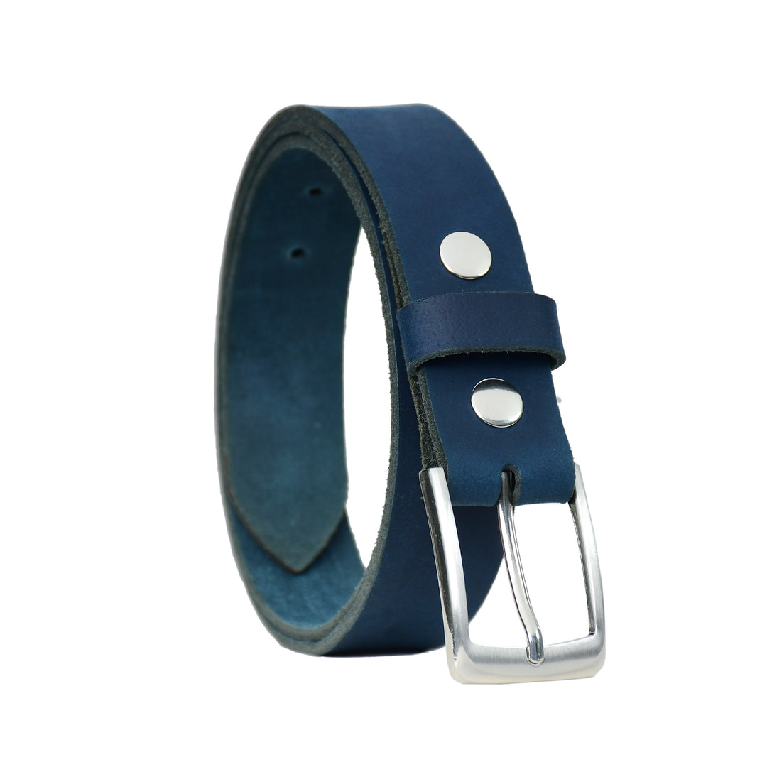 Blue leather belt with silver buckle on a white background