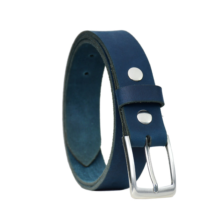 Blue leather belt with silver buckle on a white background