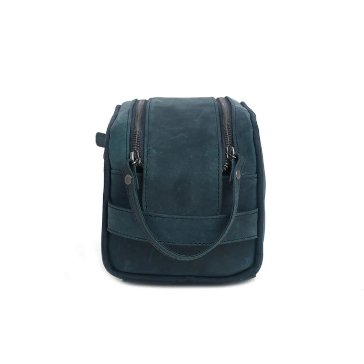 Blue leather Toiletry Bag with a strap on a white background