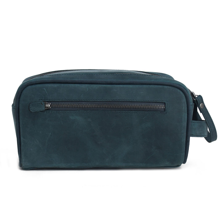Blue toiletry bag with a zipper on a white background