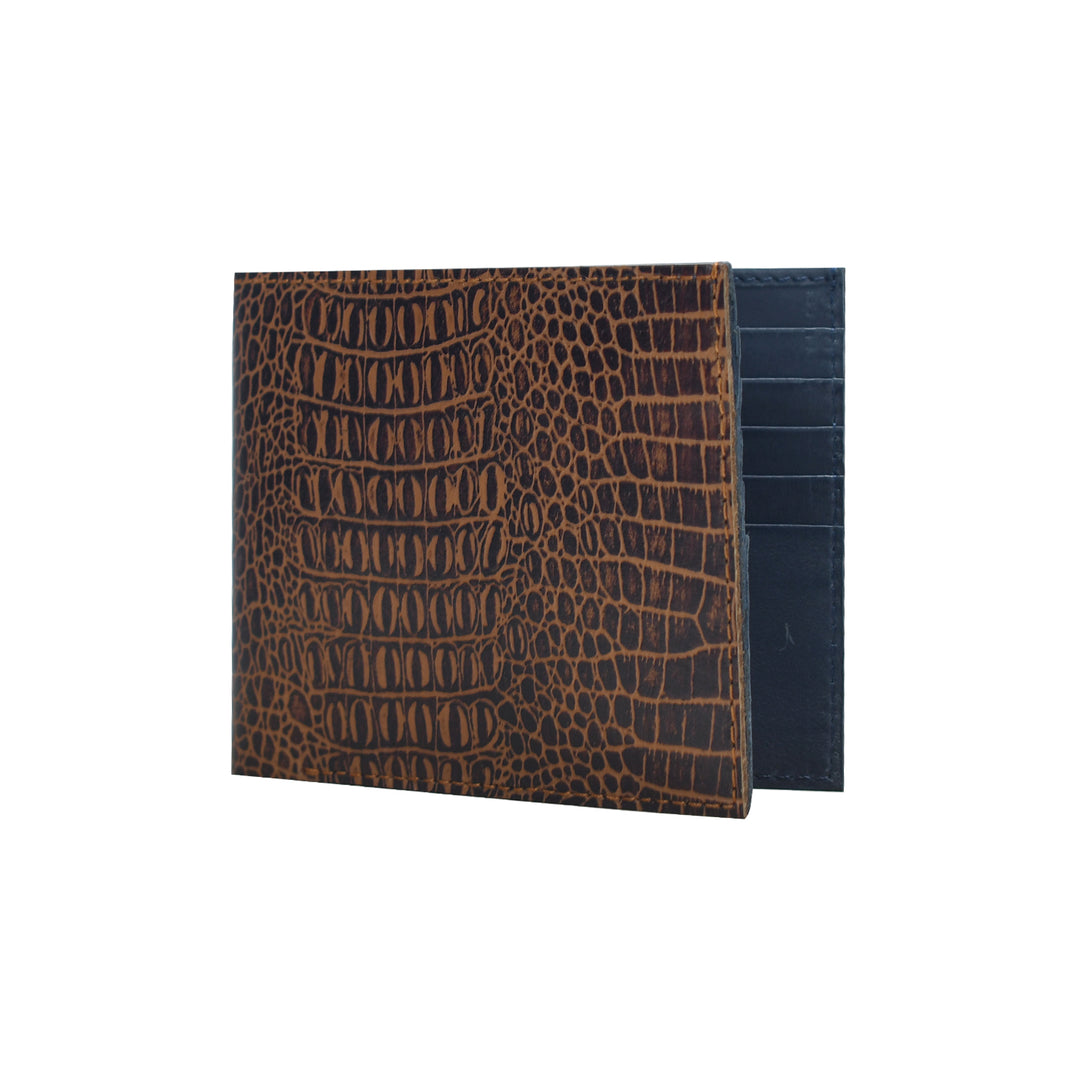 Brown leather wallet with crocodile pattern on a white background