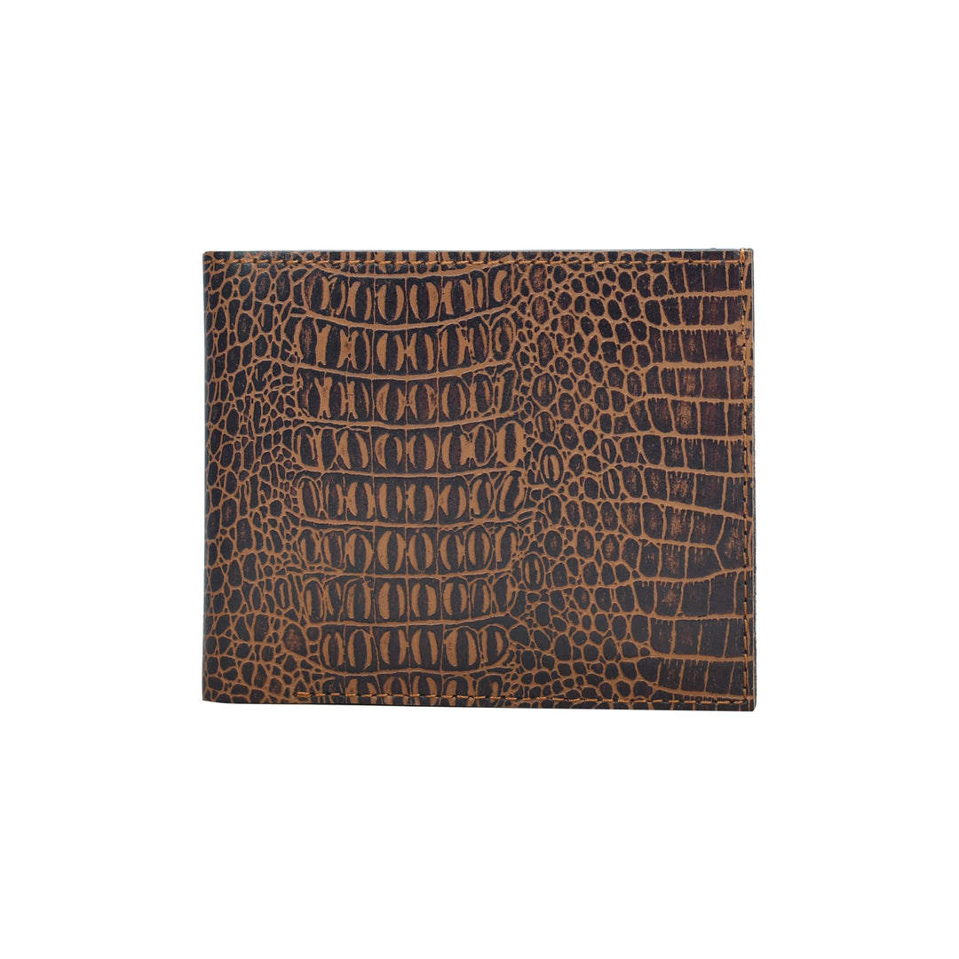 Brown leather wallet with crocodile pattern on a white background