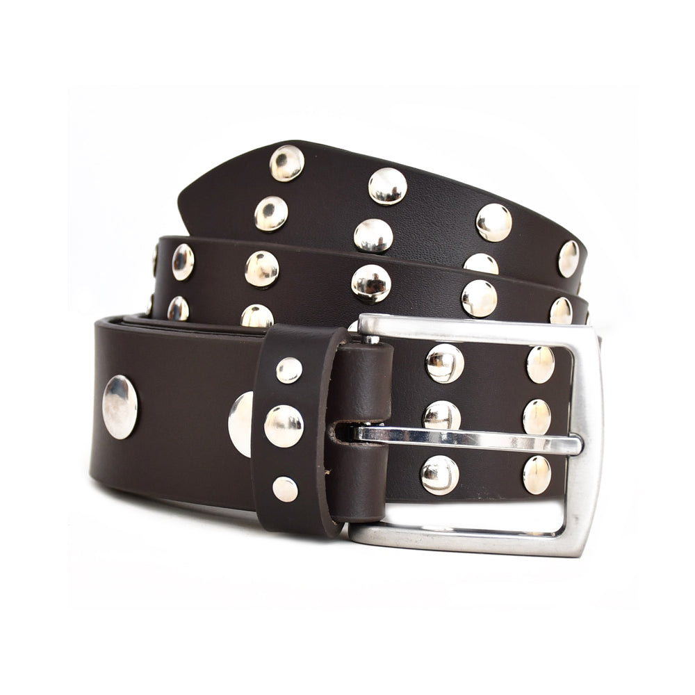 Brown leather belt with silver studs and buckle on a white background