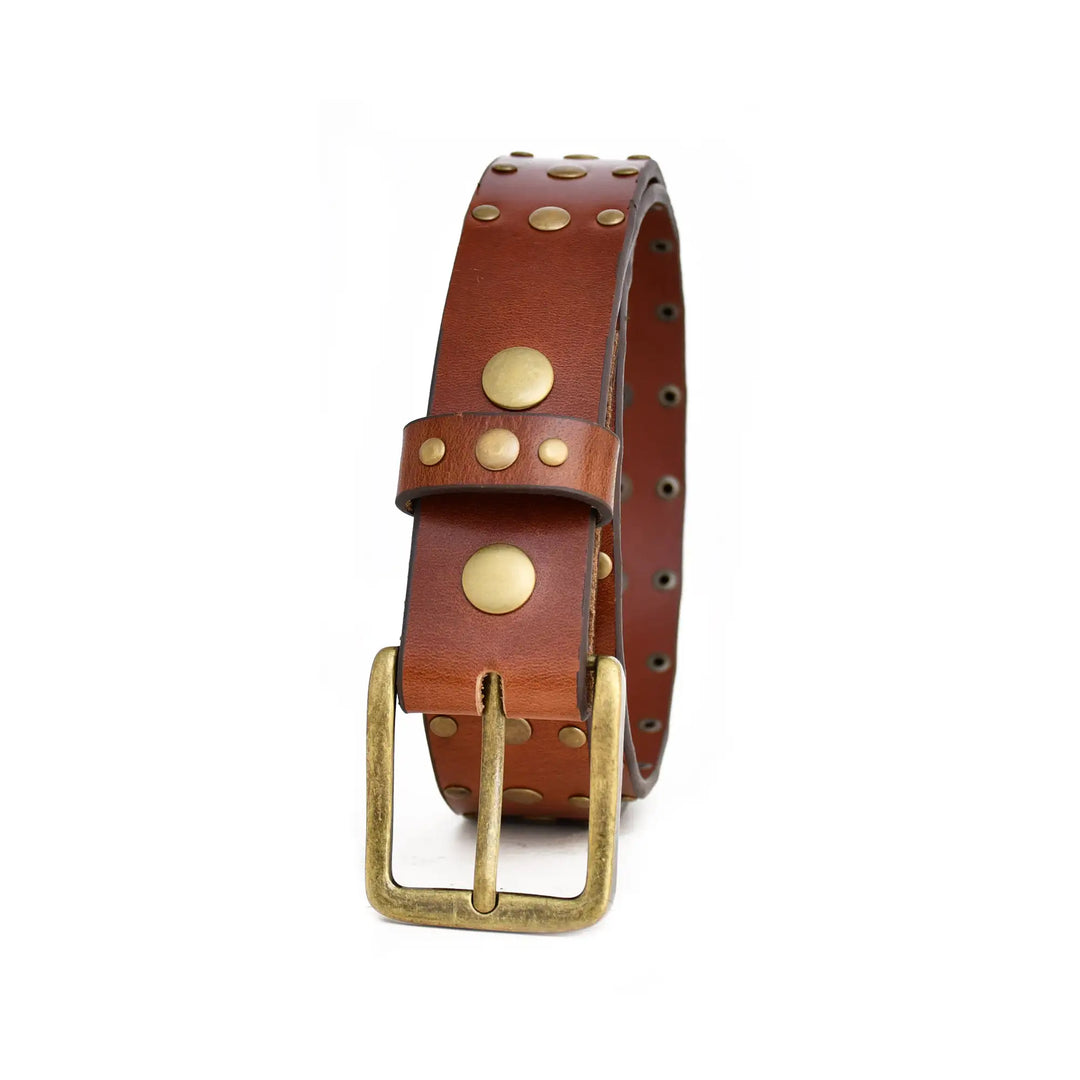 Brown leather belt with brass studs and buckle on a white background