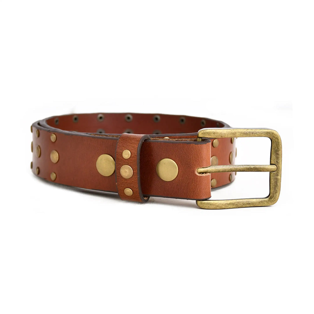 Brown leather belt with brass studs and buckle on a white background