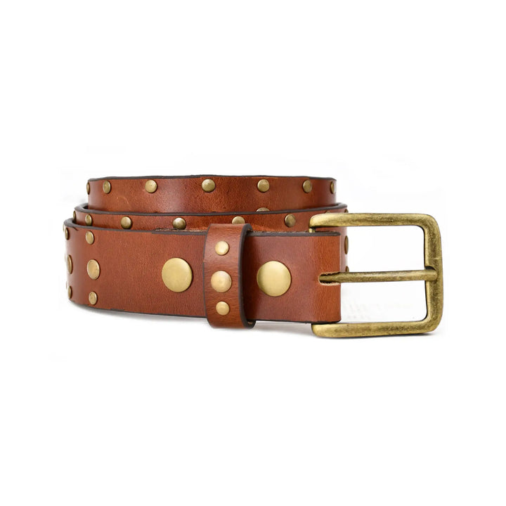 Brown leather belt with gold studs and buckle on a white background