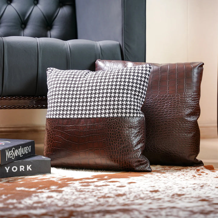 Croc Embossed Genuine Leather & Houndstooth Cushion