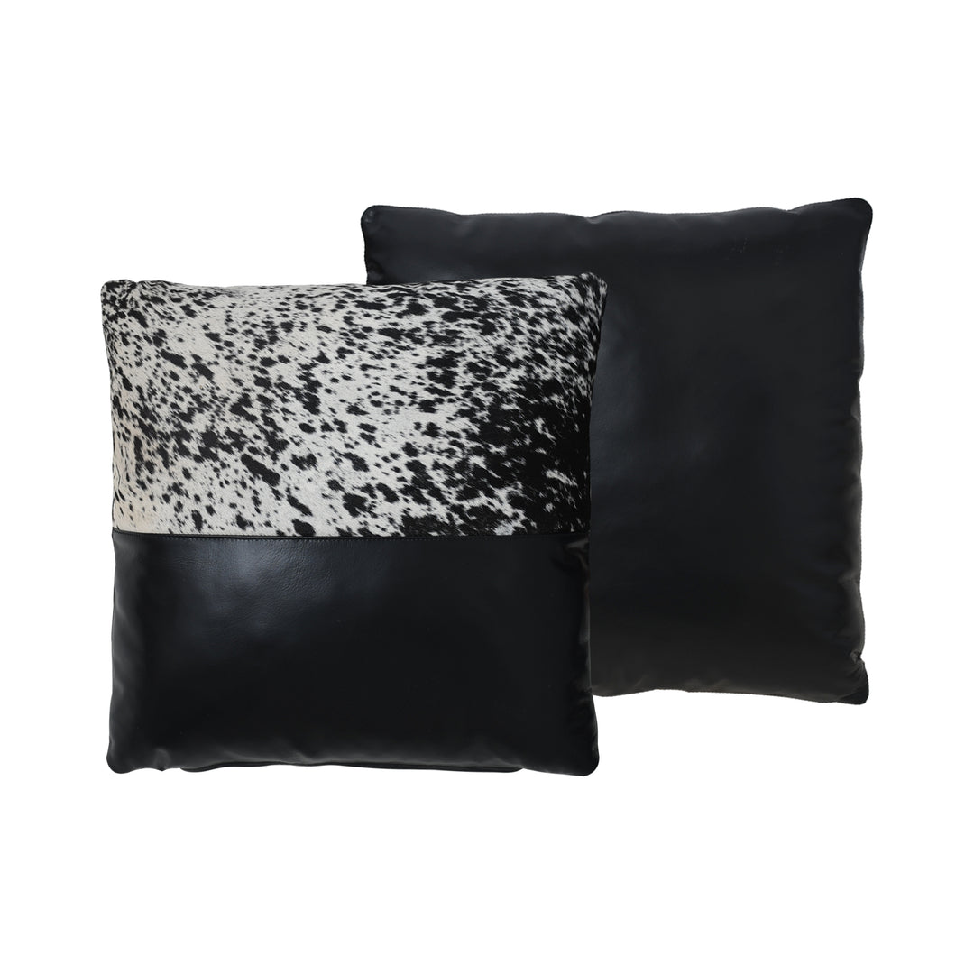 Two pillows, one with a black and white pattern and the other solid black, on a white background.