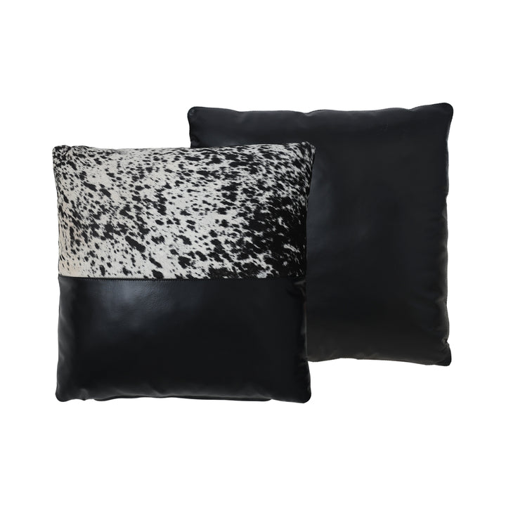 Two pillows, one with a black and white pattern and the other solid black, on a white background.