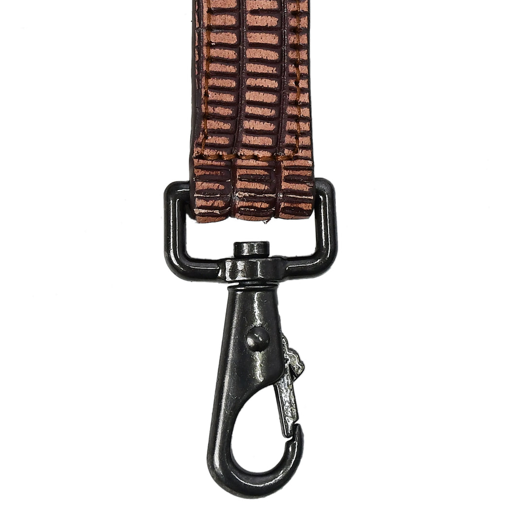 Brown dog leash with black metal clip on a white background


