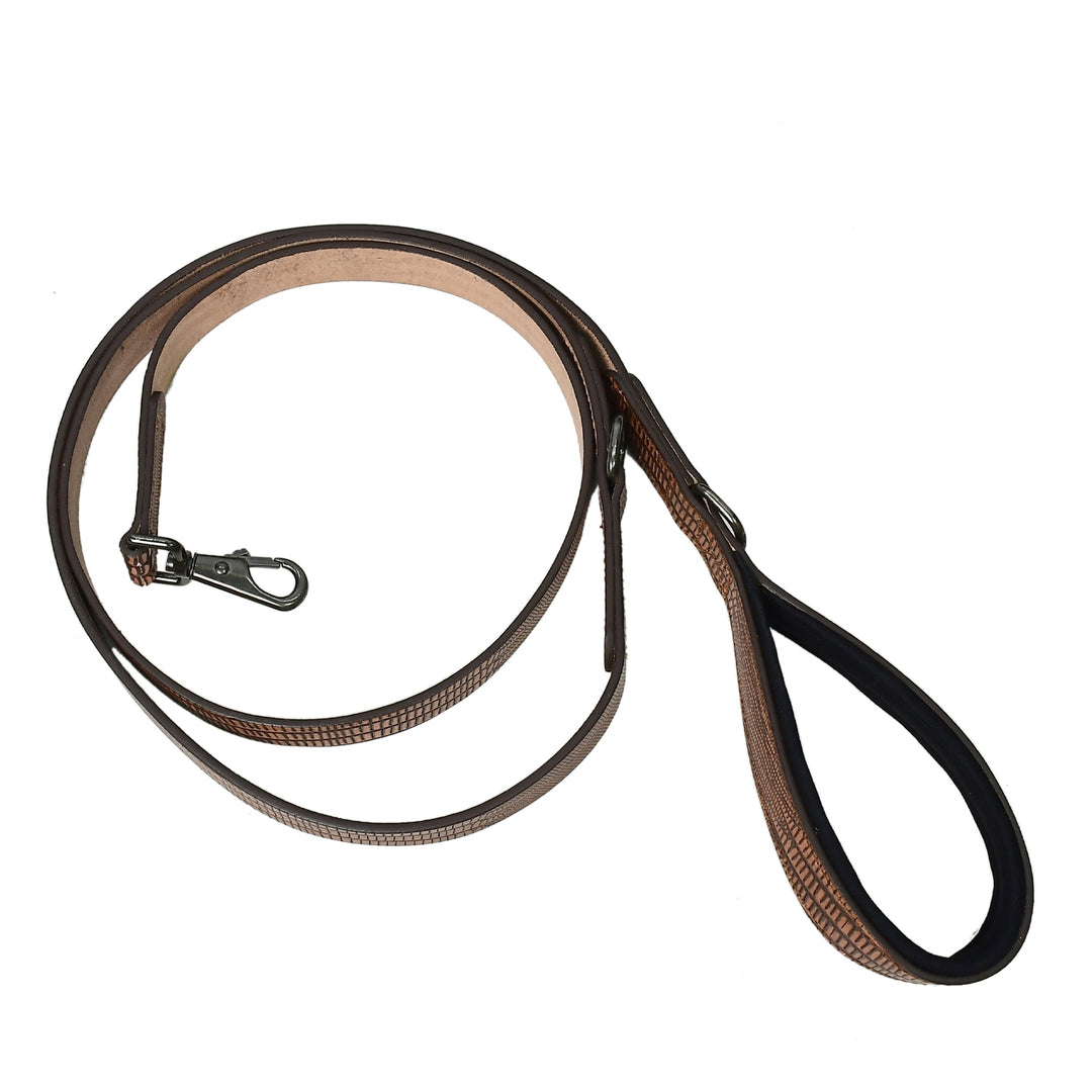 Dog leash with brown and black pattern on a white background

