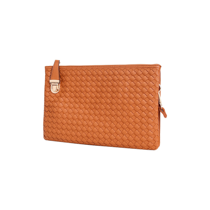 Tan Woven Leather Crossbody Clutch with Zip Closure