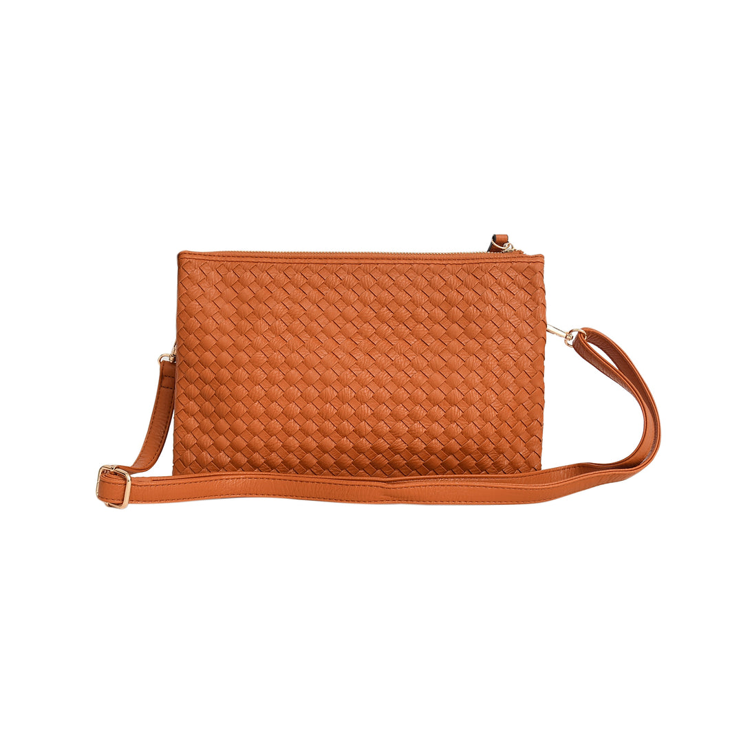 Tan Woven Leather Crossbody Clutch with Zip Closure