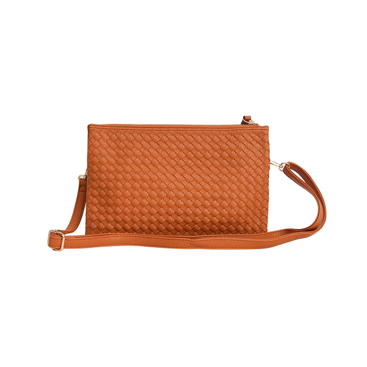Tan Woven Leather Crossbody Clutch with Zip Closure