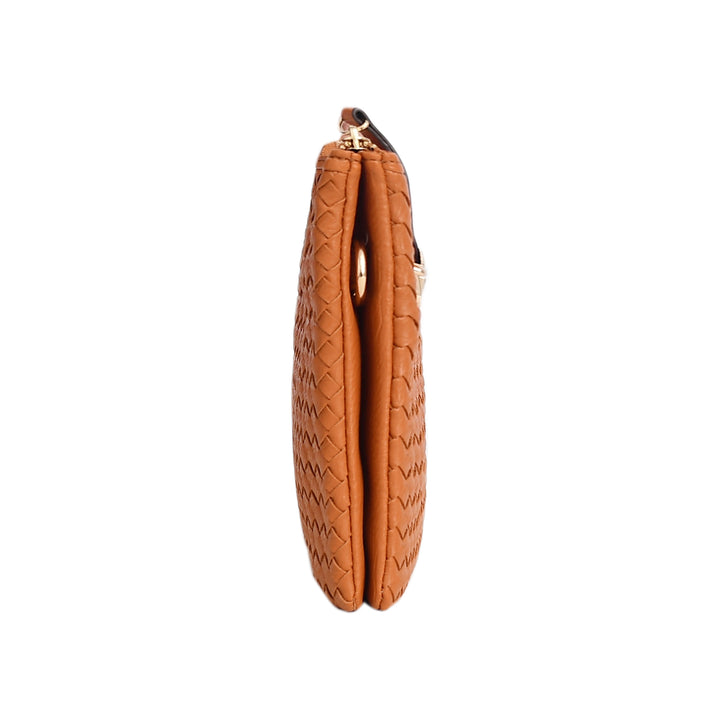 Tan Woven Leather Crossbody Clutch with Zip Closure