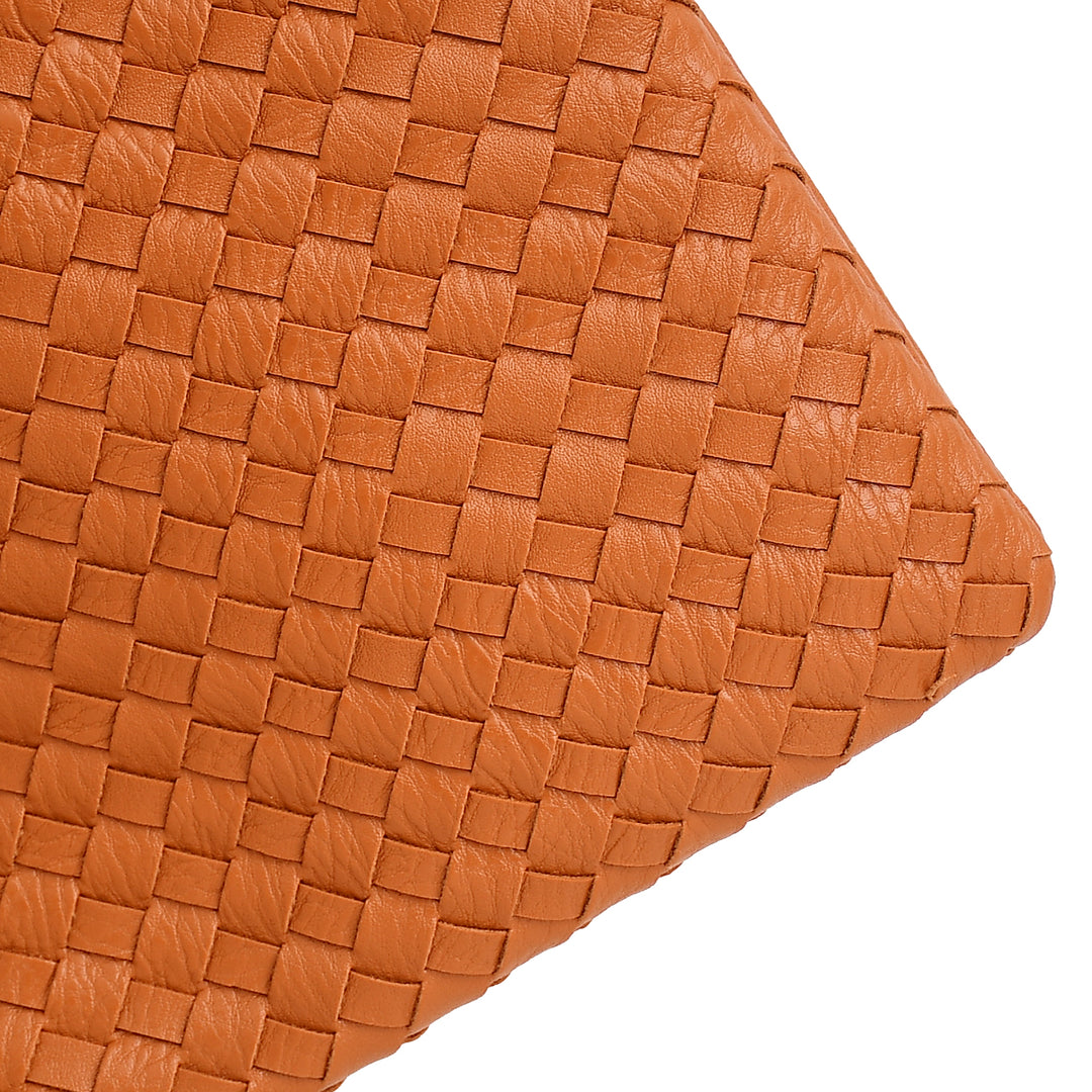 Tan Woven Leather Crossbody Clutch with Zip Closure