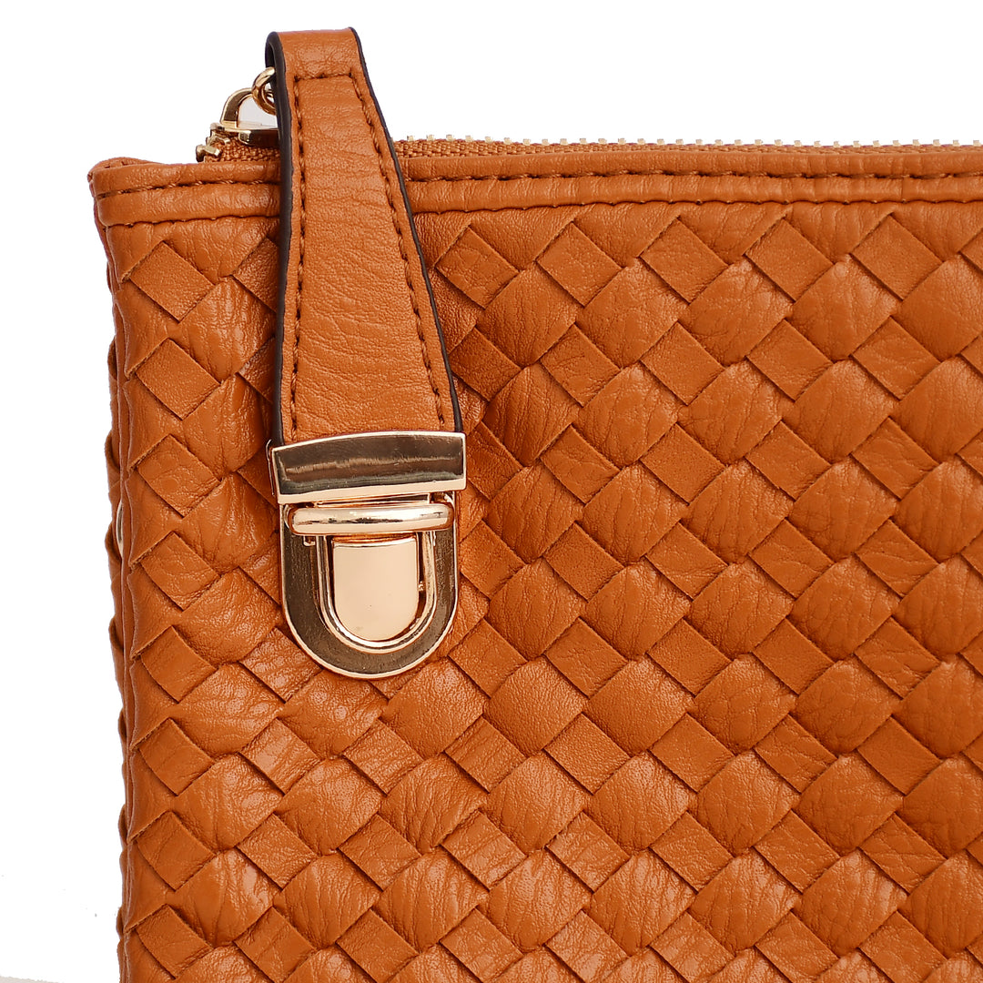 Tan Woven Leather Crossbody Clutch with Zip Closure