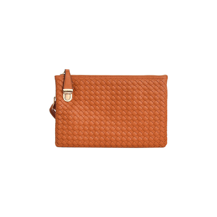 Tan Woven Leather Crossbody Clutch with Zip Closure