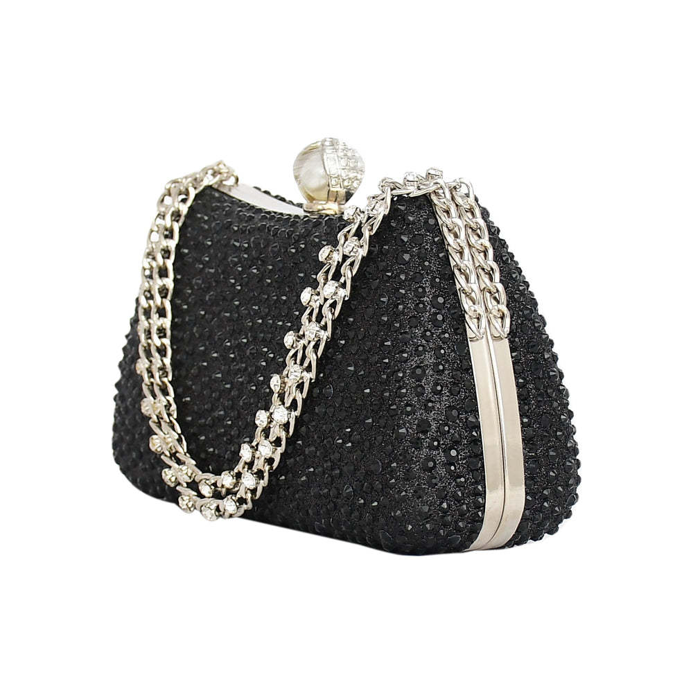 Black beaded handbag with a chain strap on a white background
