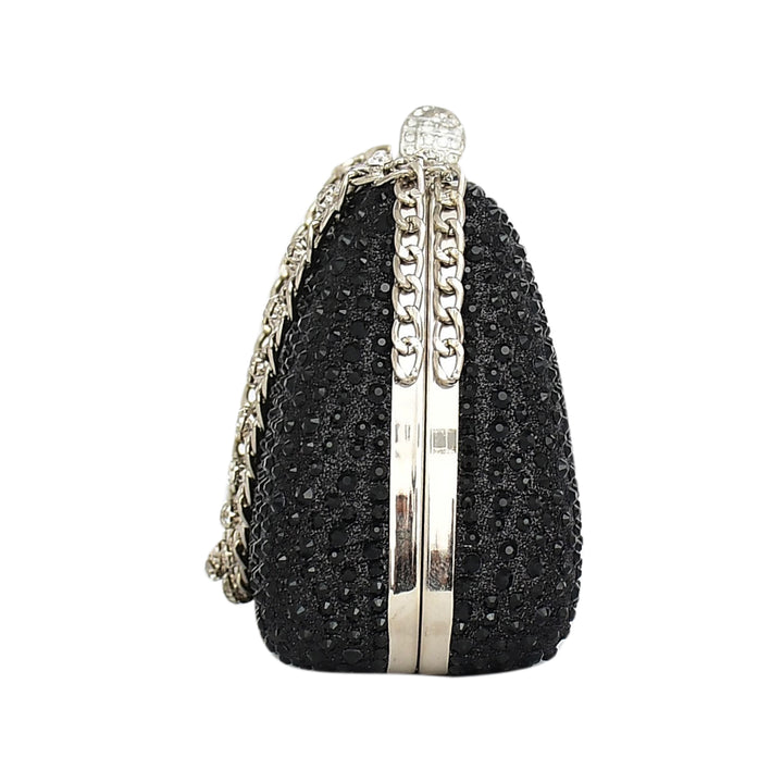 Black beaded clutch with silver chain strap on a white background
