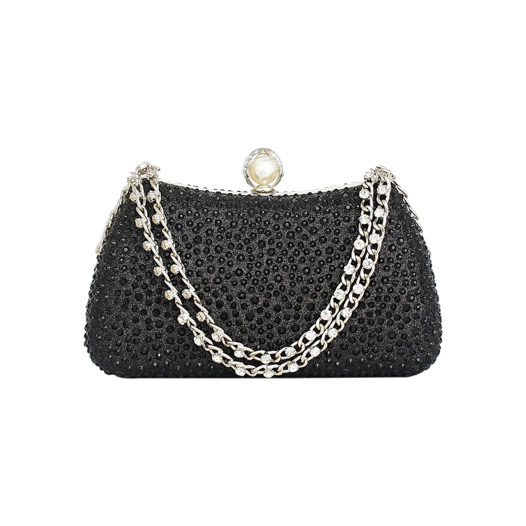Black handbag with pearl handle and chain strap on a white background