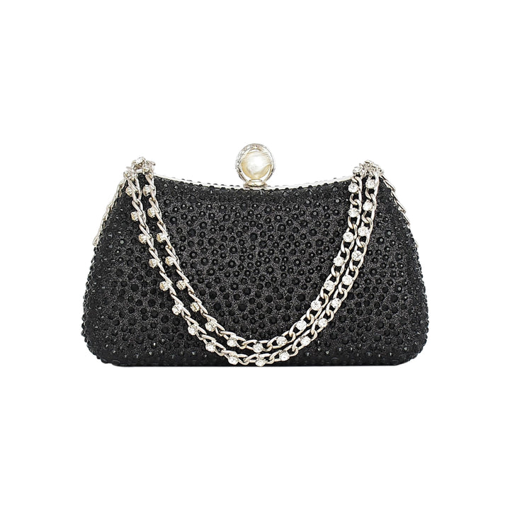 Black handbag with pearl handle and chain strap on a white background