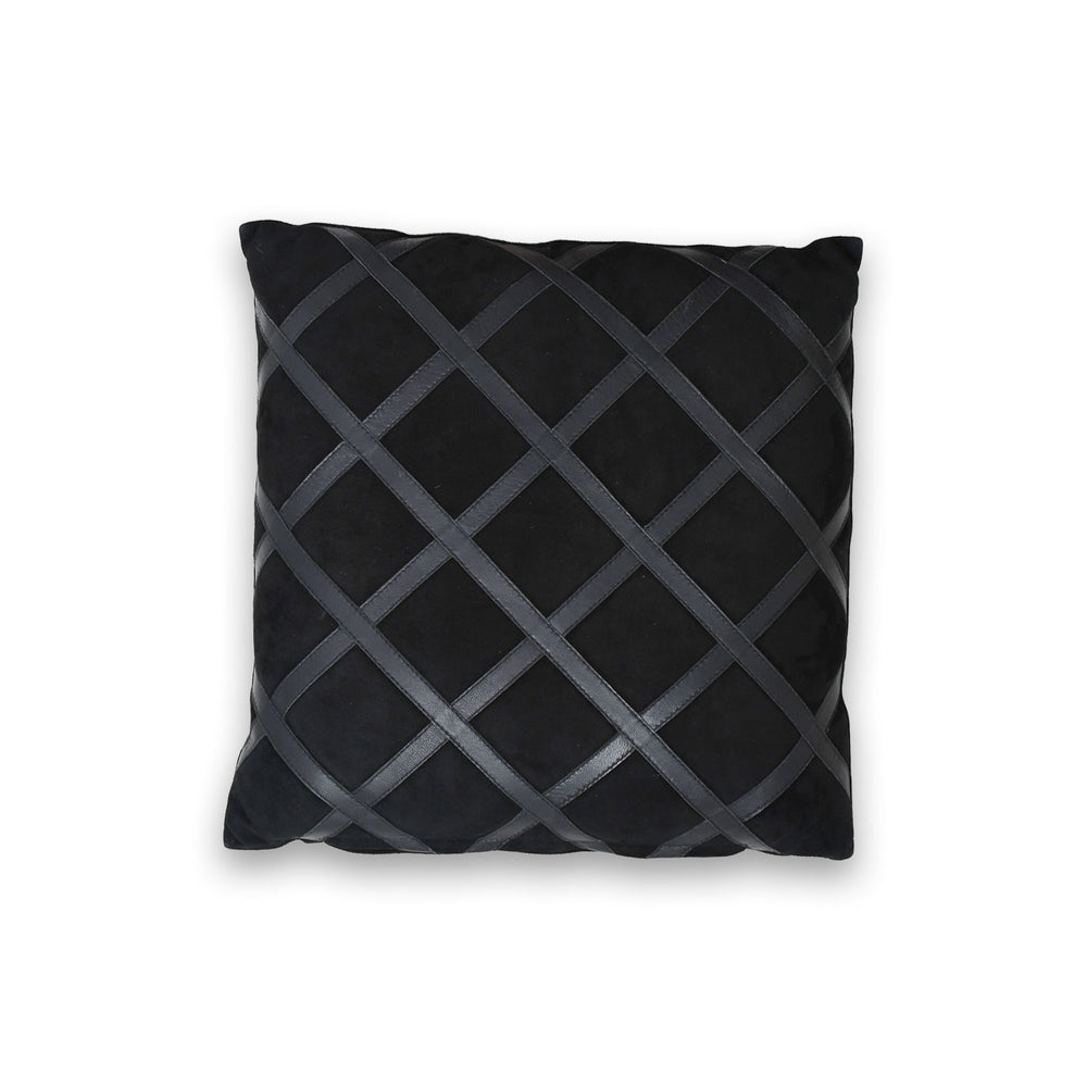 Black pillow with crisscross pattern on a white background


