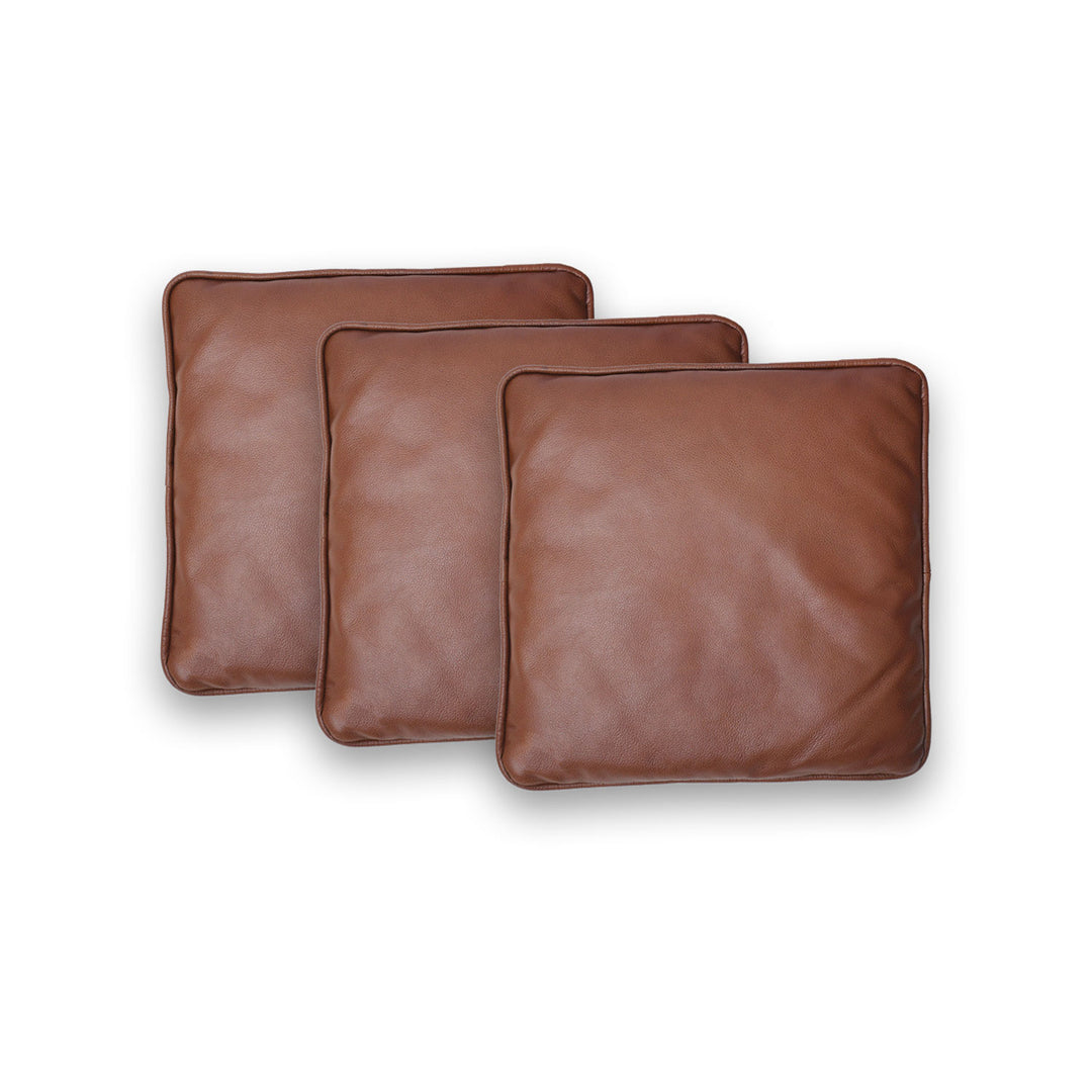 Three brown leather cushions on a white background

