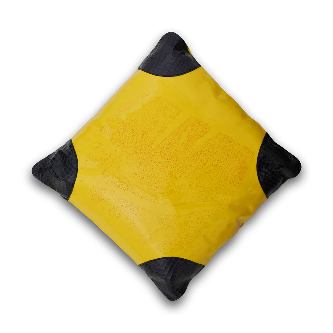 Yellow and black pillow on a white background

