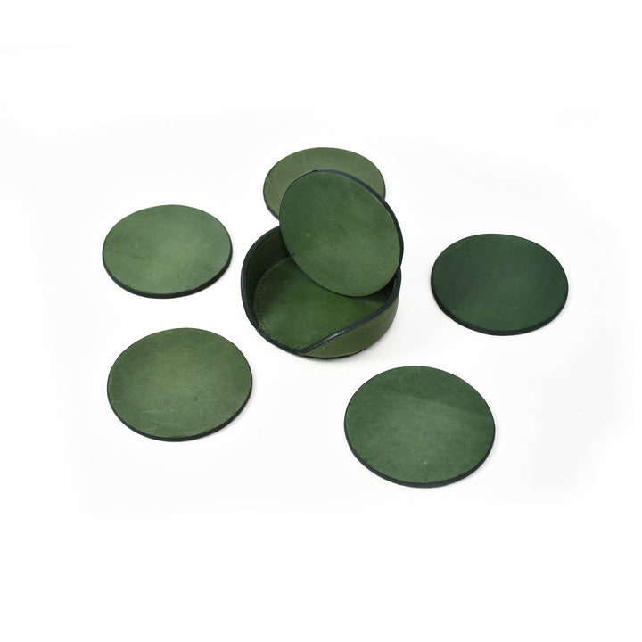 Premium Genuine Leather '6' Coaster Set – Handcrafted Round Drink Coasters