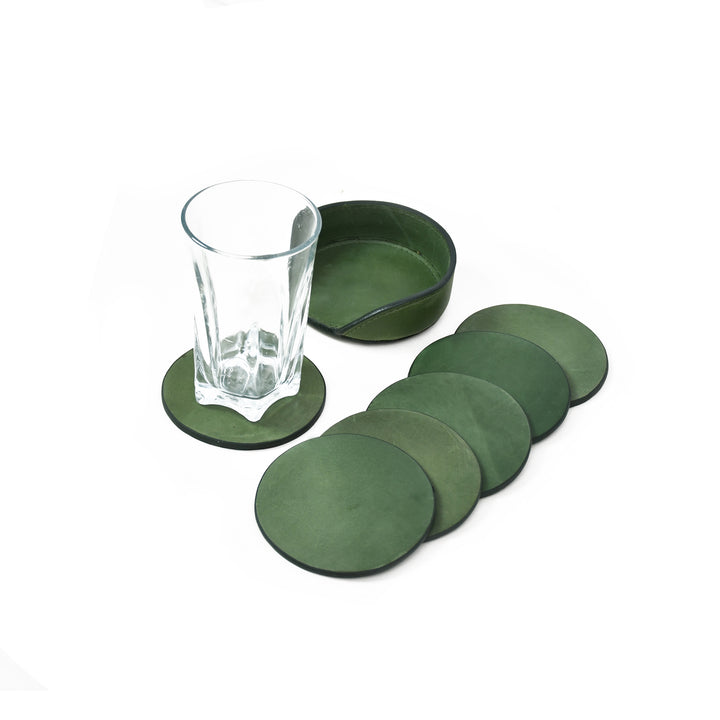 Premium Genuine Leather '6' Coaster Set – Handcrafted Round Drink Coasters
