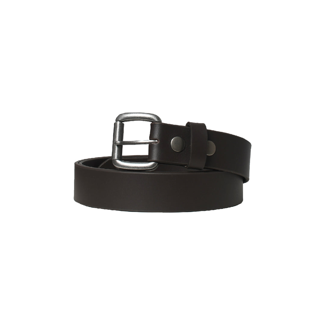 Black leather belt with a silver buckle on a white background