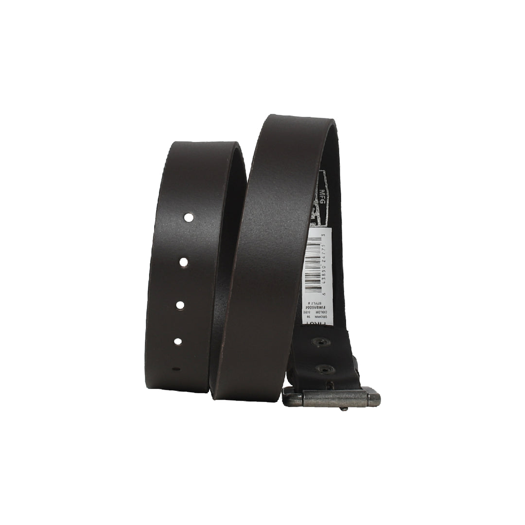 Black leather belt with a metal buckle on a white background