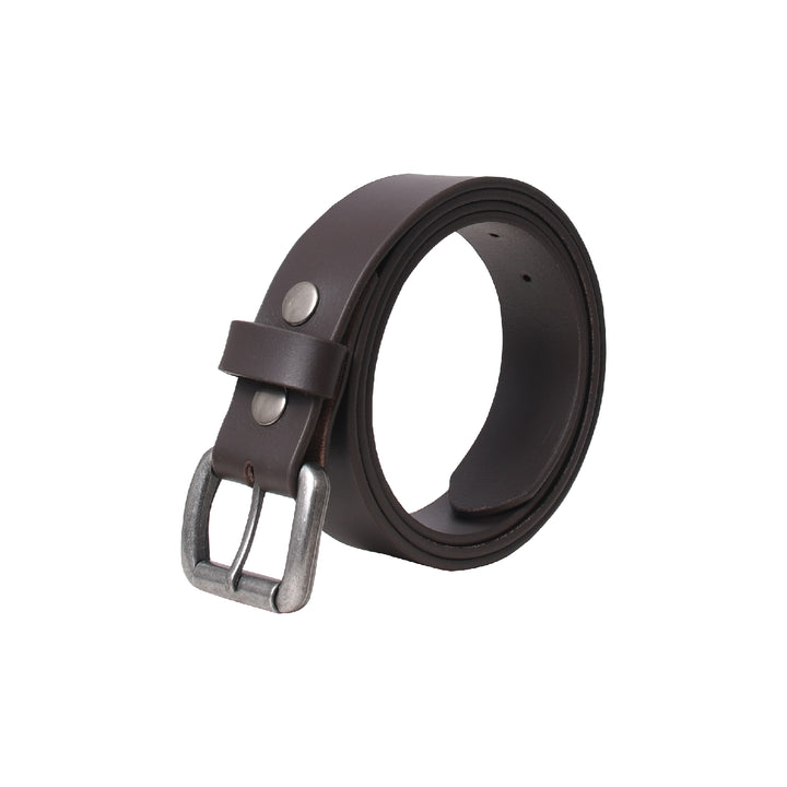 Brown leather belt with silver buckle on a white background