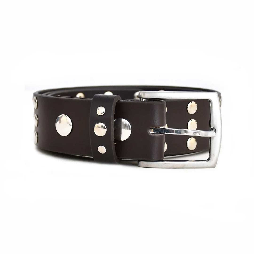 Dark brown leather belt with silver studs and buckle on a white background