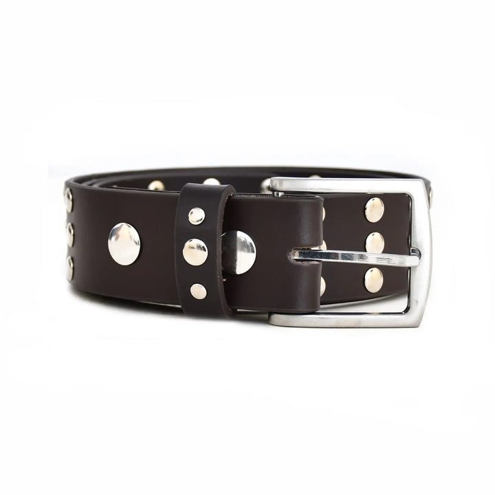 Dark brown leather belt with silver studs and buckle on a white background