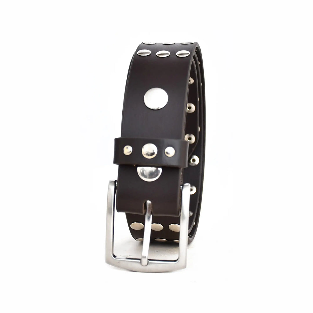 Dark brown leather belt with silver studs and buckle on a white background