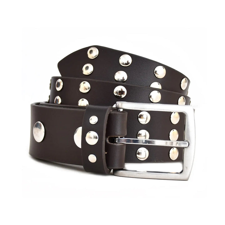 Dark brown leather belt with silver studs and buckle on a white background